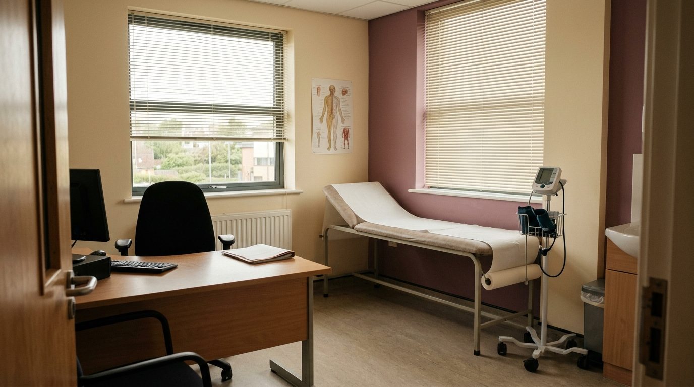 A quiet, empty GP consultation room