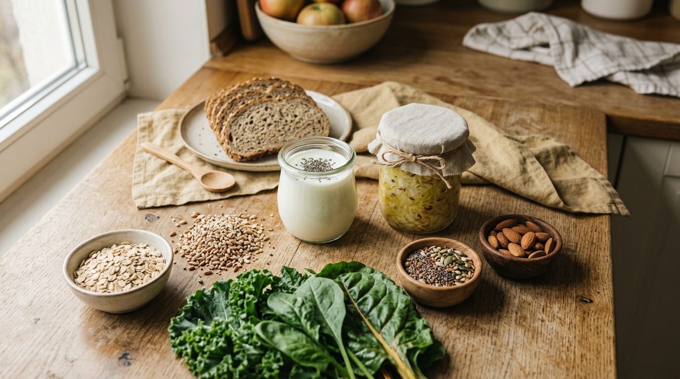 A kitchen counter flat-lay of fermented foods, wholegrains and leafy greens