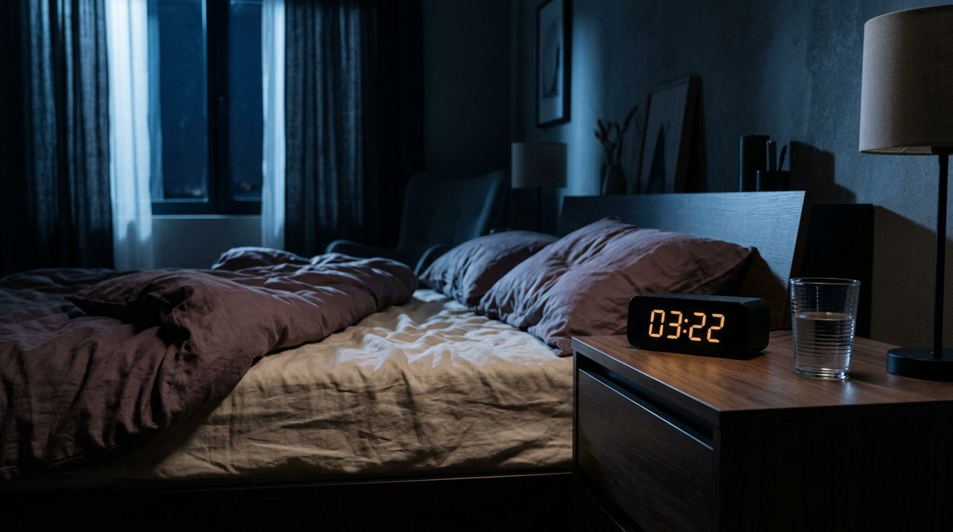 A dark bedroom at 3am, a digital clock glowing on the nightstand