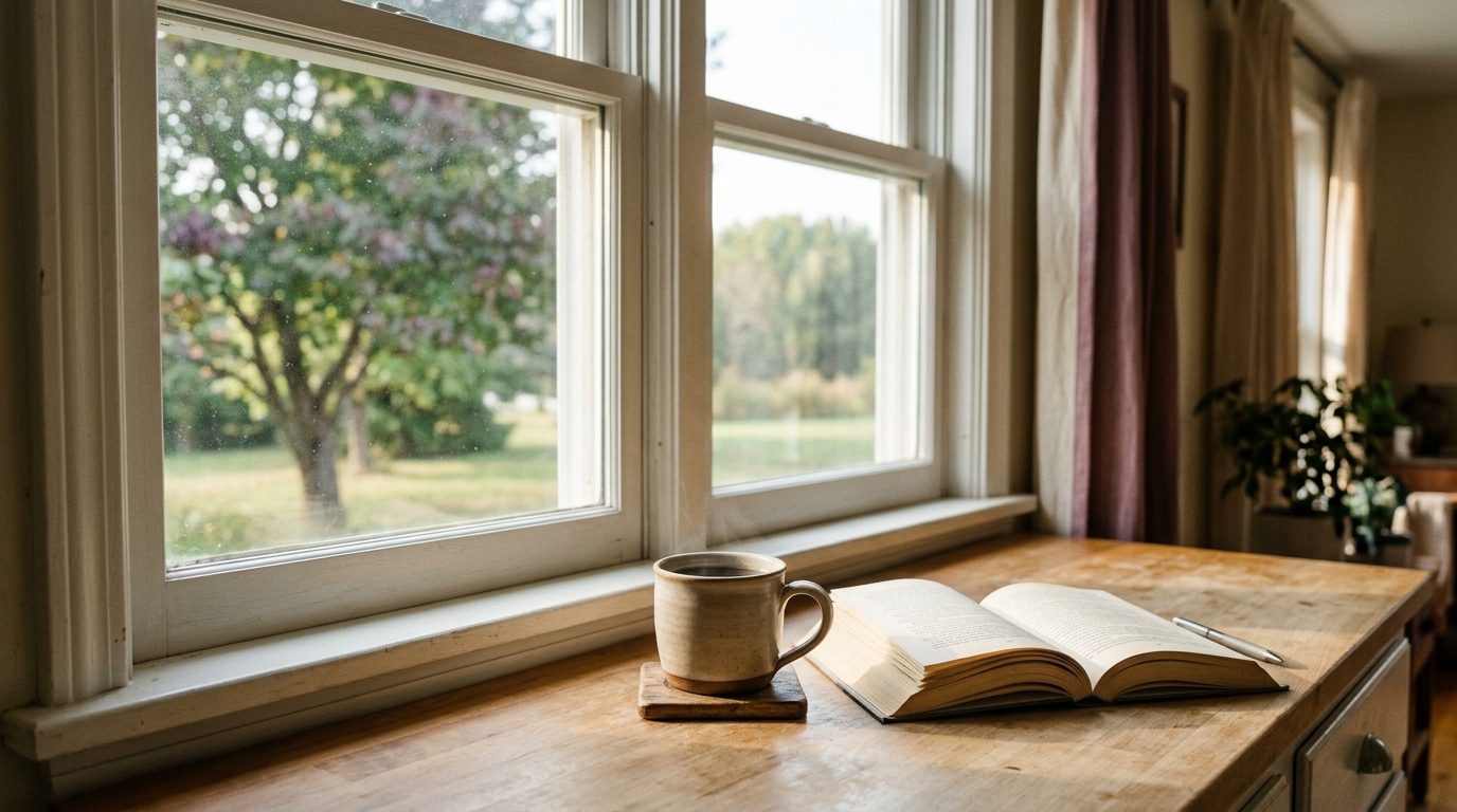A calm morning scene with a cup of tea and an open book by a window