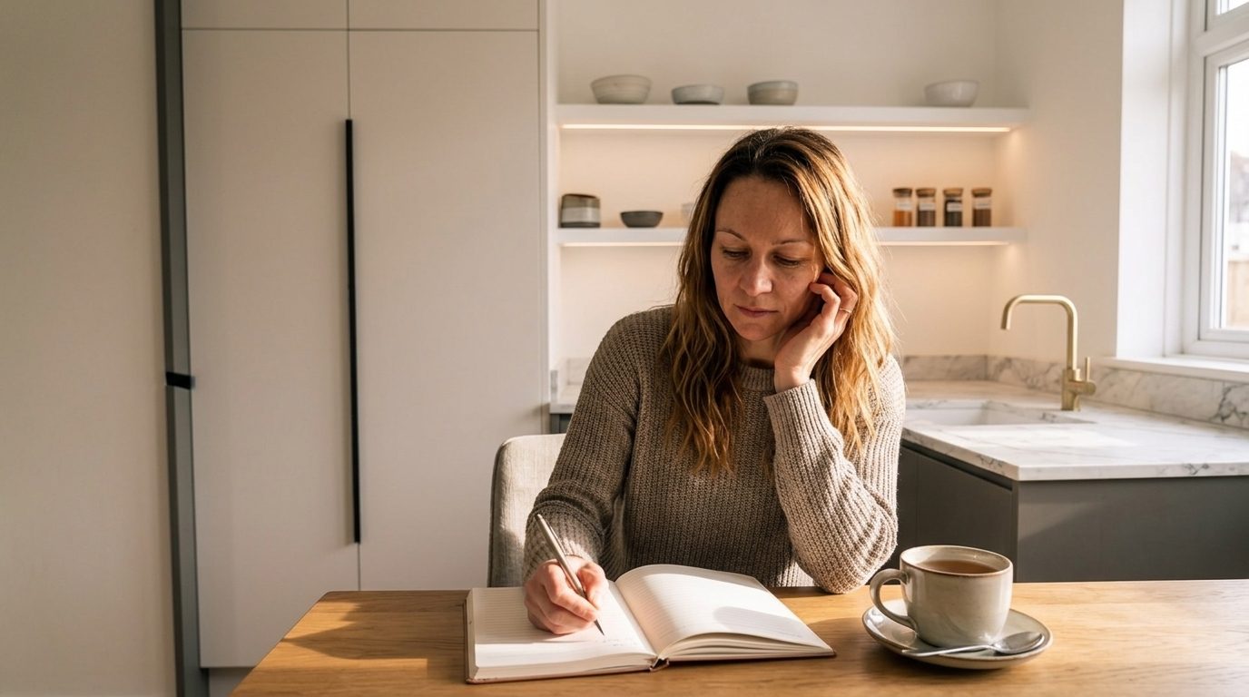 A woman writing in a journal at her kitchen table with a cup of tea