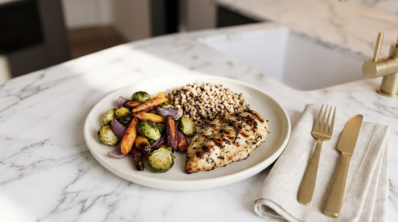 A balanced plate of grilled chicken, roasted vegetables and wholegrains